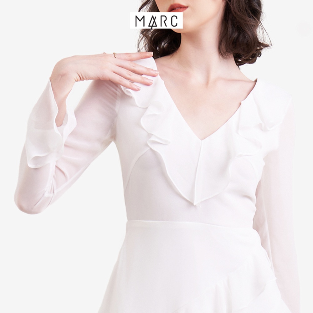 Đầm nữ MARC FASHION mini cổ tim tay dài phối bèo TRSH023123