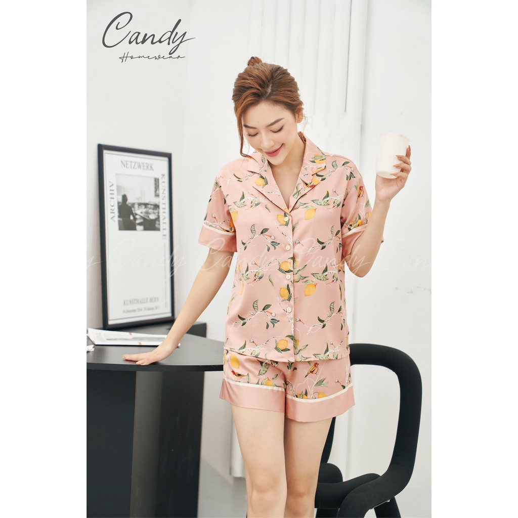BỘ NGỦ NỮ CANDY - SET PIJAMA MẶC NHÀ TAY CỘC QUẦN CỘC LỤA CAO CẤP HOẠ TIẾT TRÁI CÂY MÙA HÈ - Candy 1035