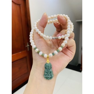 Dây chuyền trai mix mặt ngọc cẩmthạch phật quan âm móc vàng tây10k