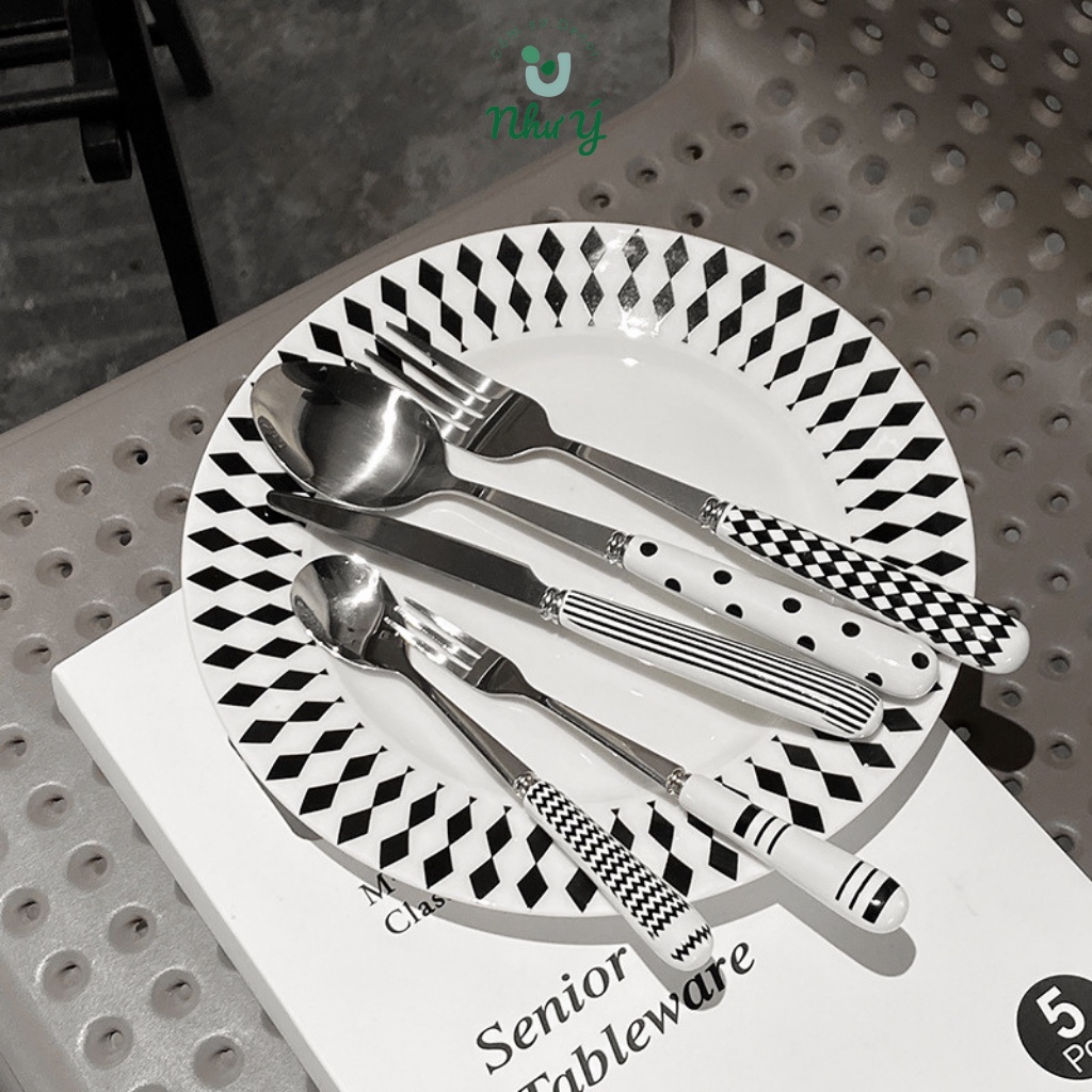 Set dao muỗng nĩa tay cầm bằng SỨ CÁN INOX 304 chống gỉ, kèm hộp quà tặng…
