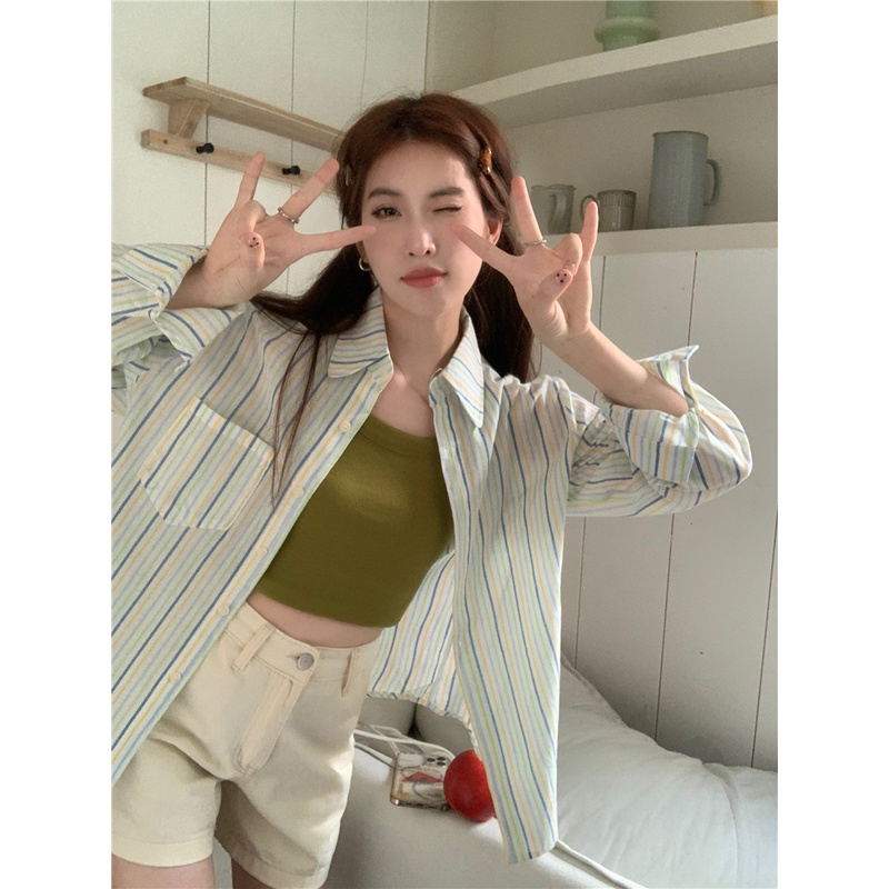 Lalisas Set Áo Hai Dây + Áo Sơ Mi Tay Dài Kẻ Sọc Chống Nắng Phong Cách Hàn Quốc Thời Trang Cho Nữ