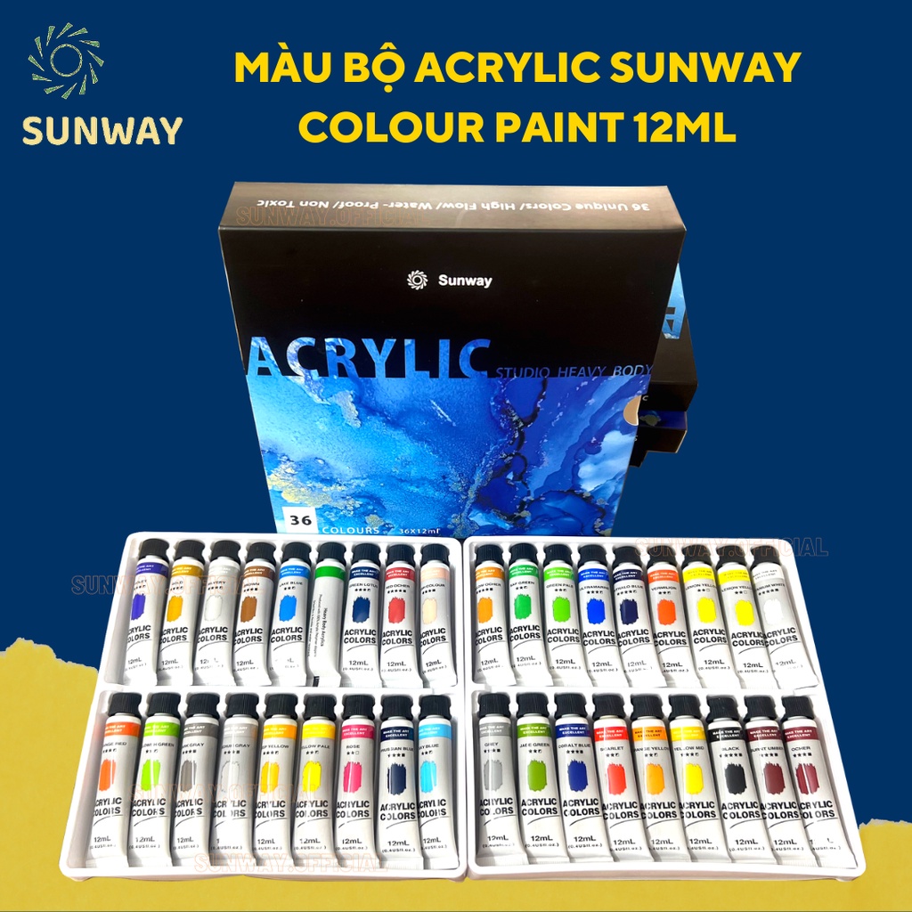 BỘ MÀU ACRYLIC SUNWAY COLOUR PAINT 12ML bộ 12/24/36 màu