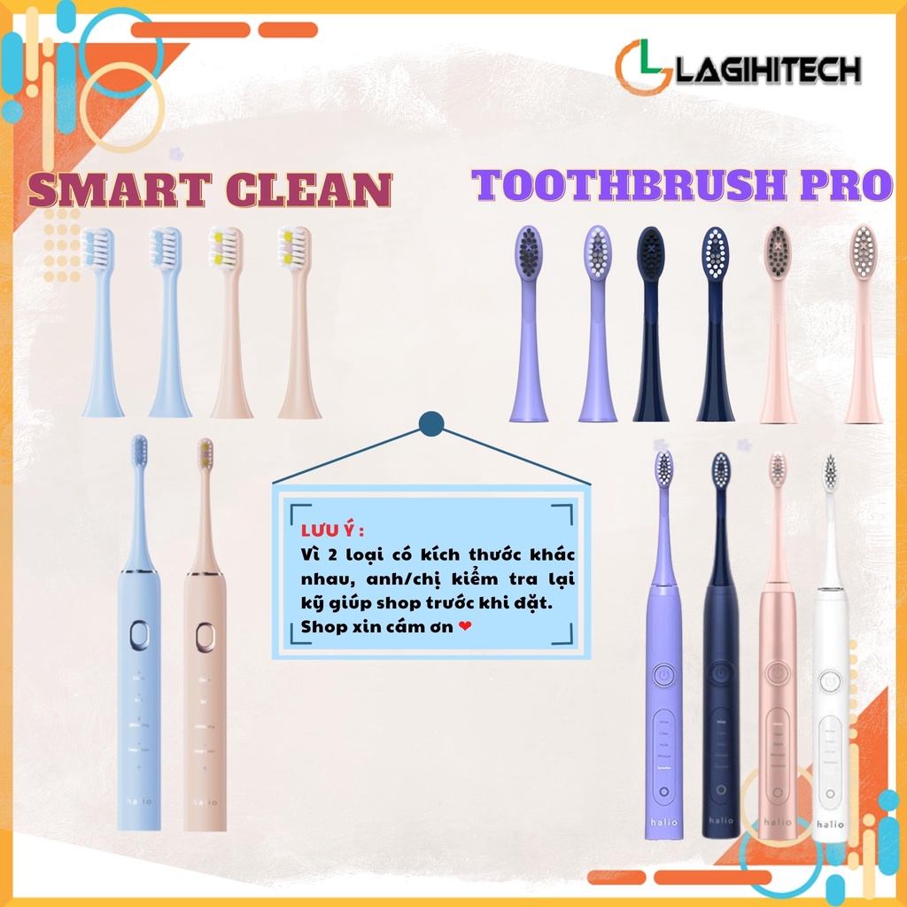 Combo Đầu Bàn Chải Điện Halio Sonic Whitening PRO/SmartClean Toothbrush - Hàng Chính Hãng