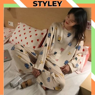 Bộ đồ ngủ nữ dài tay chất liệu thun cotton mềm mại hoạ tiết cute dễ thương,Đồ bộ pijama nữ mặc ỏ nhà cực đẹp STYLEY B003