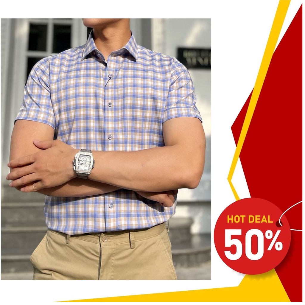 Áo sơ mi nam ngắn tay slimfit Belluni hoạ tiết caro trẻ trung năng động - ANS.BPS.BE.206.W6