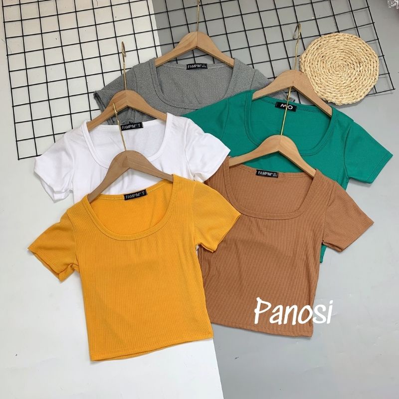 Áo kiểu nữ áo croptop nữ ôm cổ vuông tay ngắn chất tăm co giãn PANOSI - A267