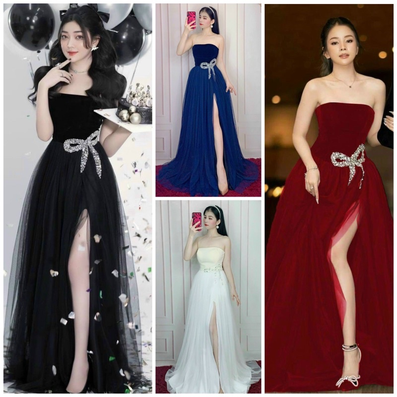 ĐẦM DẠ HỘI NHUNG CÚP NGỰC XẺ ĐÙI KẾT NƠ ĐÁ KÈM ẢNH THẬT CỦA KHÁCH