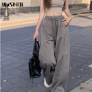 Mushiqi Quần Dài Ống Rộng Họa Tiết Kẻ Sọc Bên Hông Phong Cách retro Thường Ngày Mới