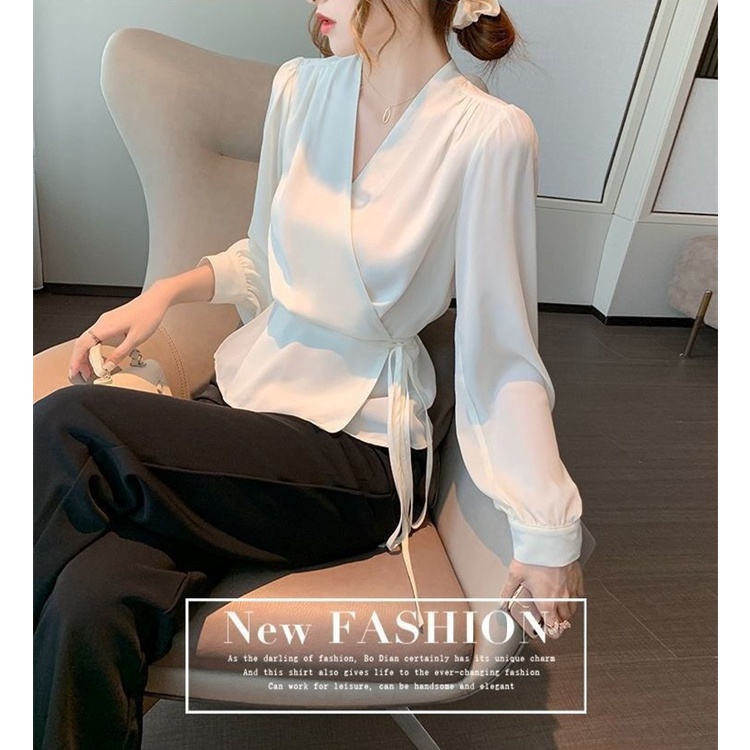 IVSD Women's Elegant Chiffon Tops V Neck Wrap Strappy Belt Blouses