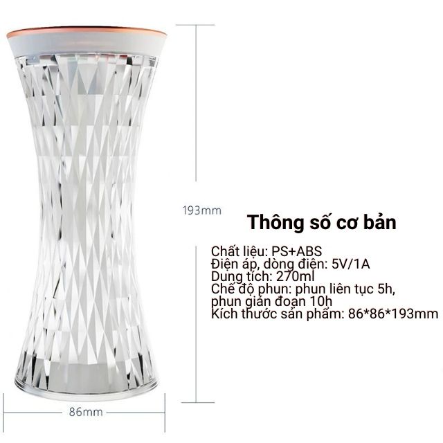 Máy xông tinh dầu phòng ngủ phun sương tạo độ ẩm mini tích hợp đèn ngủ pha lê 7 màu trang trí độc đáo - Thế giới đèn X6