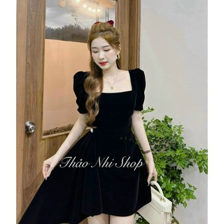 Đầm váy nhung cổ vuông phối bèo hông, chất nhung mặc mát