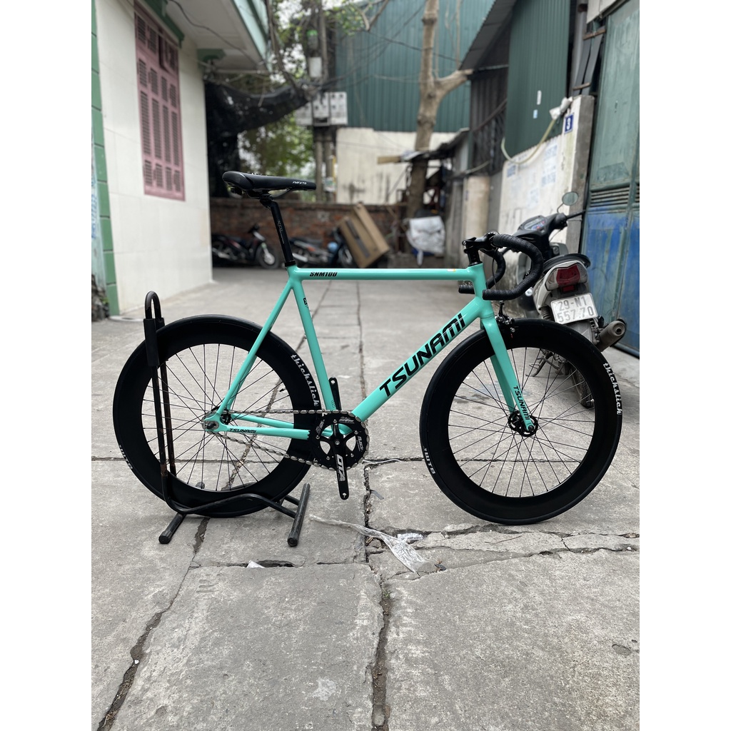 Xe đạp fixed gear Tsunami SNM100 màu xanh tay cong chính hãng cao cấp mới 100%