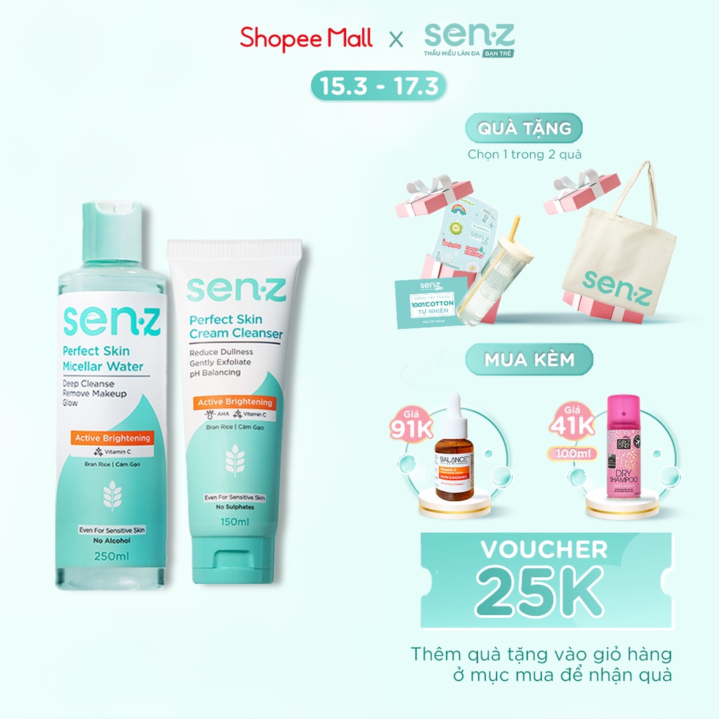 Bộ Đôi Tẩy Trang + Sữa Rửa Mặt Cám Gạo SenZ Perfect Skin Làm Sạch Sâu Sáng Da Dành Cho Mọi Loại Da 250ML + 150ML