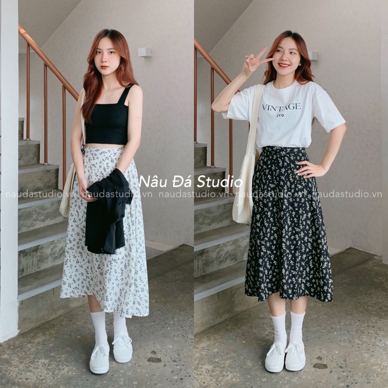 CHÂN VÁY HOA CHẤT LIỆU VOAN XỐP HÀN QUỐC  - NÂU ĐÁ STUDIO.