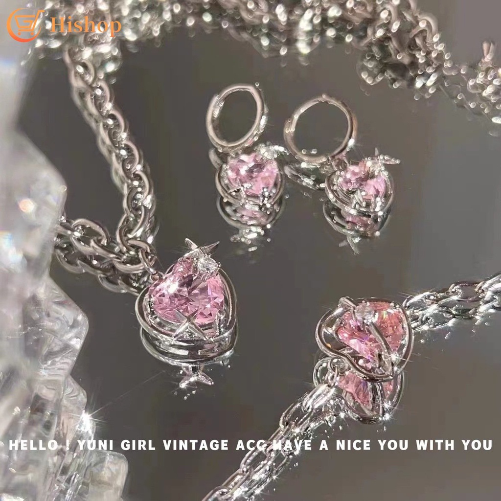 【coffeemate】⚡ Bộ Trang Sức Nhẫn / Bông Tai / Vòng cổ Mặt Trái Tim Đính Đá Pha Lê Màu Hồng Thời Trang