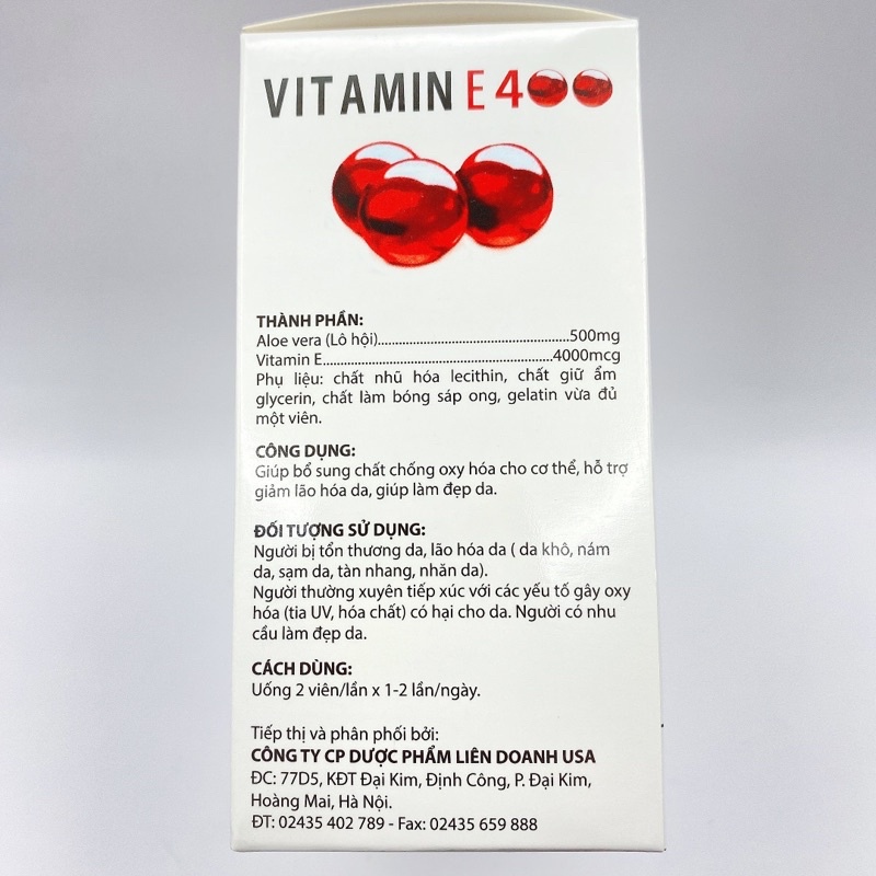Viên uống đẹp da Vitamin E400 E Đỏ 4000mcg, Aloe vera 500mg - Hộp 100 viên