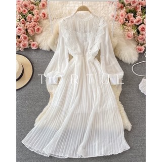 [Sẵn] V088 Đầm váy dài maxi trắng tiểu thư phối ren phong cách cổ điển Retro Vintage Taobao mới 2022