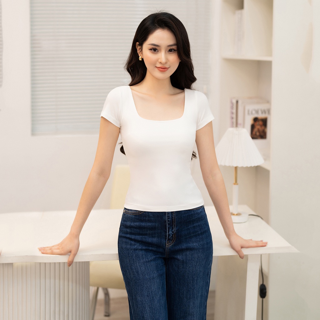 Áo Pull Nữ Cổ Vuông Vải Gân Lạnh Co Giãn, CT Jeans