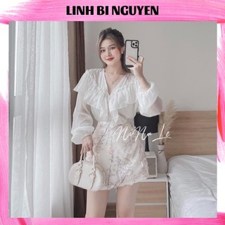 Set áo voan kèm chân váy đính hoa nổi cao cấp