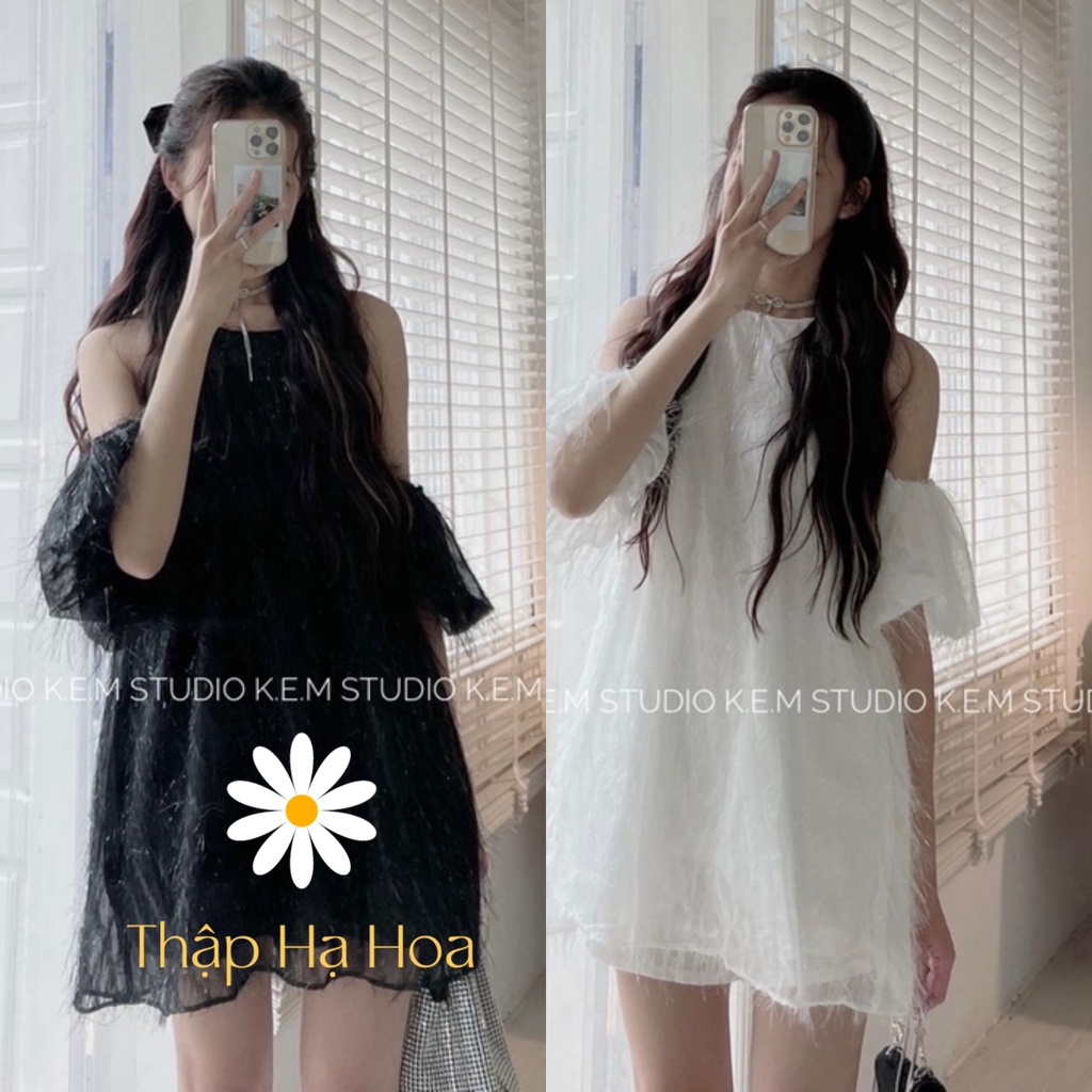 Váy trắng dự tiệc hở vai gợi cảm, đầm đen hở vai dáng ngắn đính kim tuyến AS272