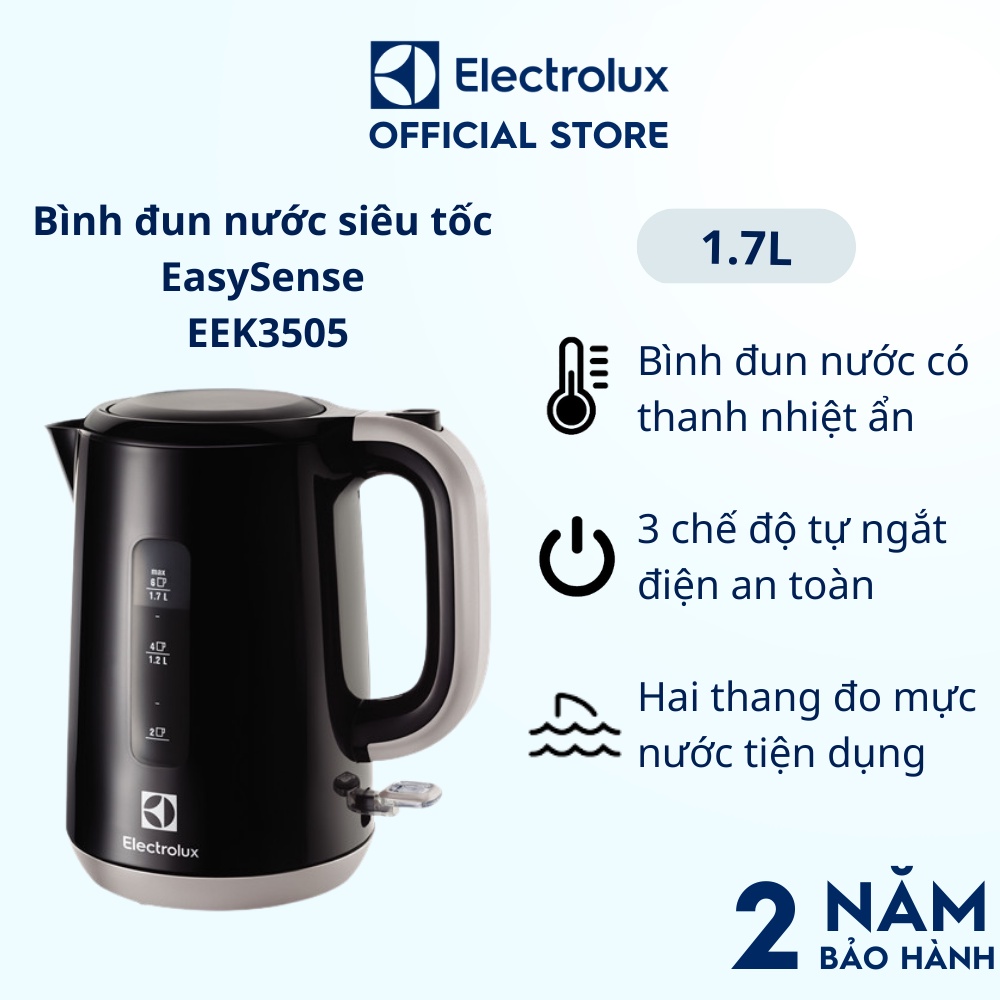 Bình đun nước siêu tốc Electrolux 1.7L EasySense EEK3505, 3 chế độ tự ngắt điện an toàn