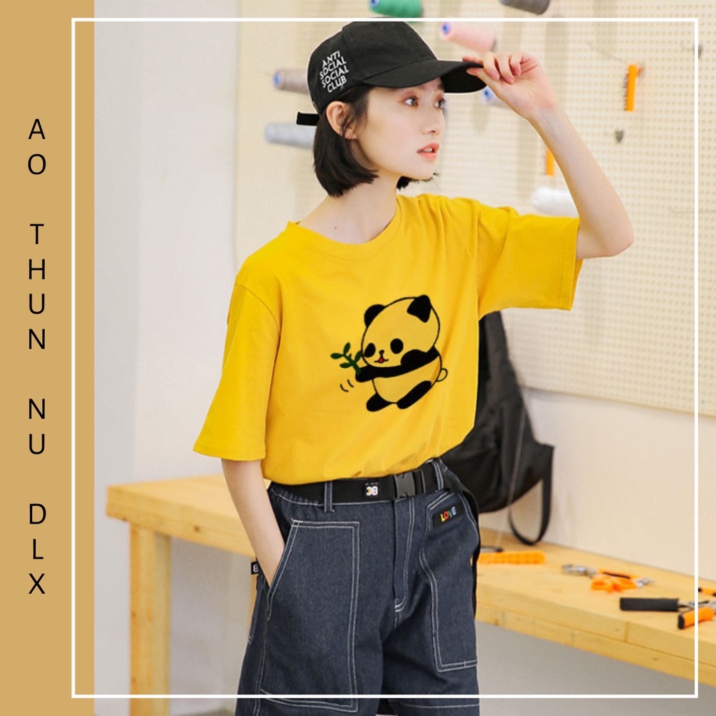 Áo Thun Nữ Unisex In Hình Gấu Trúc Cầm Cây Xanh DLX