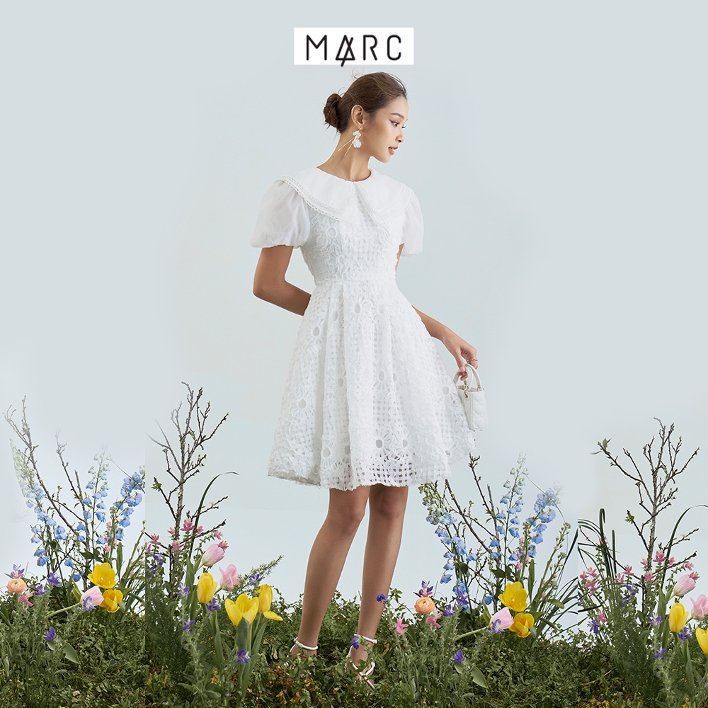 Đầm nữ MARC FASHION ren mini tay phồng phối lá cổ TRLH112422