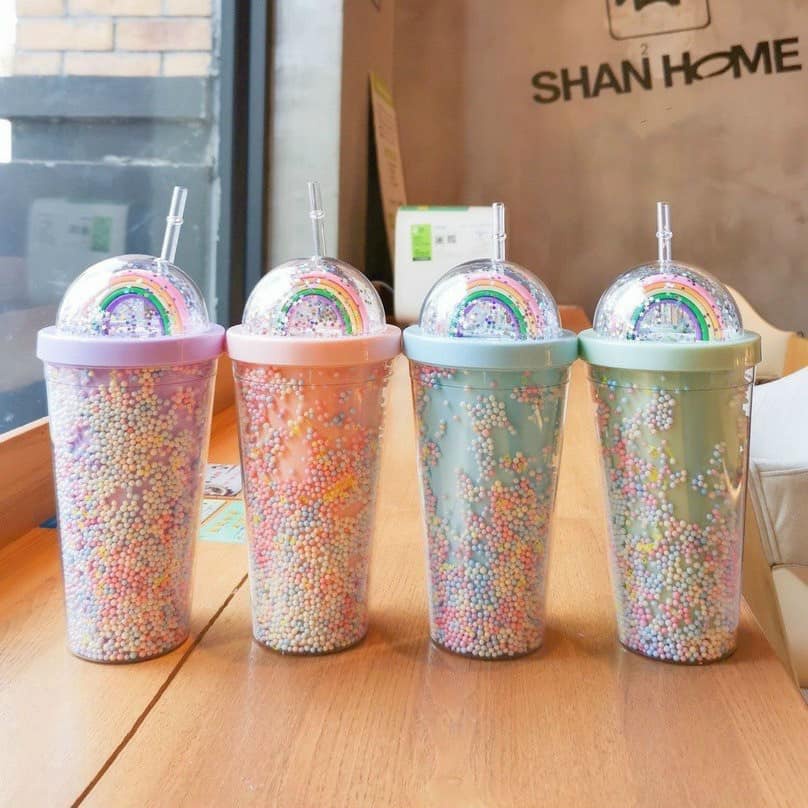 Ly đựng nước 2 lớp cầu vồng tặng kèm ống hút 🍹