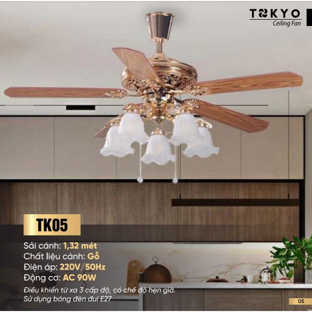 Quạt trần trang trí 5 cánh gỗ, 5 bóng đèn