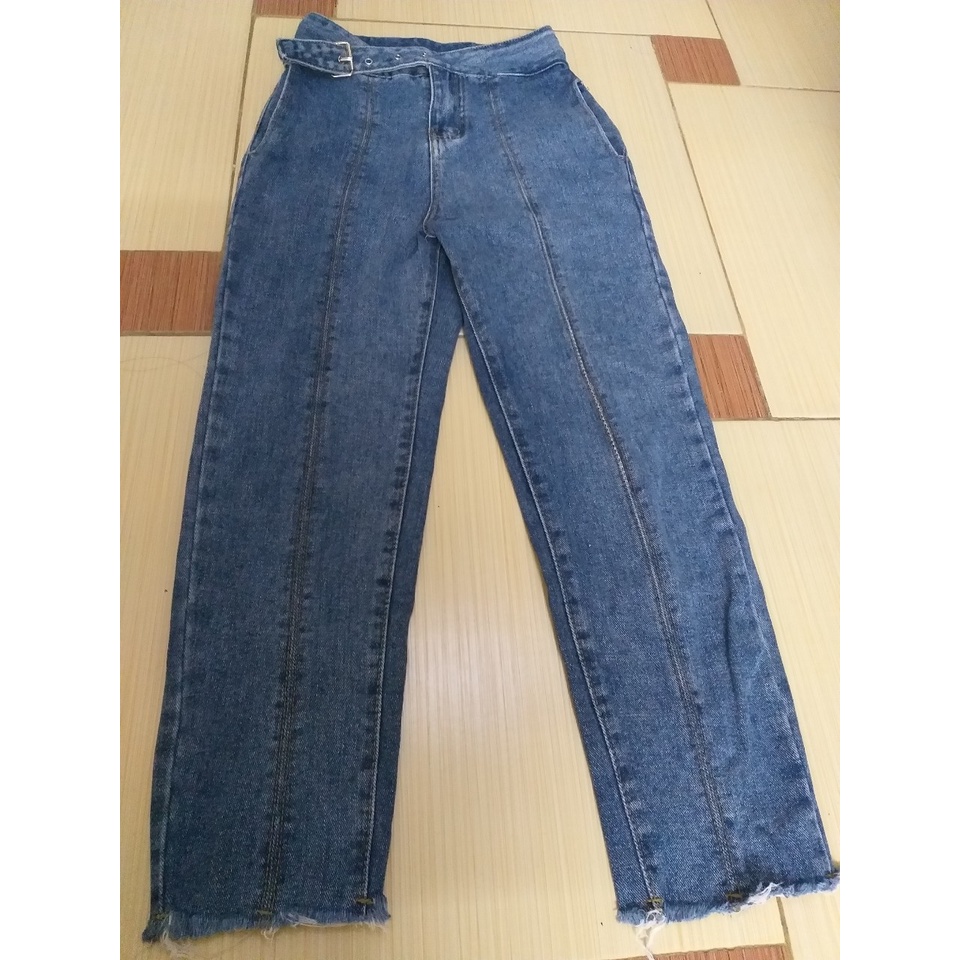 Quần jean baggy suông cạp đai chéo cách điệu thanh lý