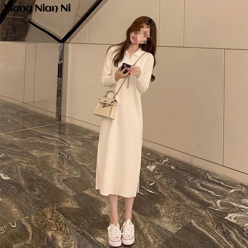 Xiang Nian Ni Đầm sweater Dệt Kim Dài Qua Gối Xẻ Tà Có Cổ Cho Nữ