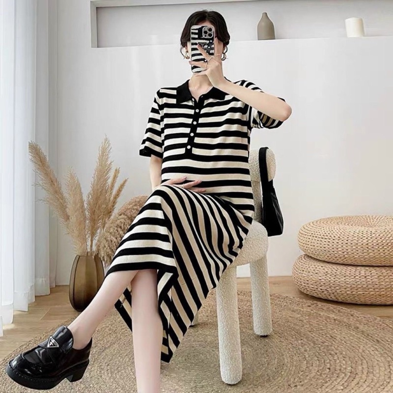 Váy bầu, đầm bầu kẻ cotton hàng đẹp, cổ sơmi form suông rộng cực xinh trẻ cho mẹ đi làm, đi chơi - VH58