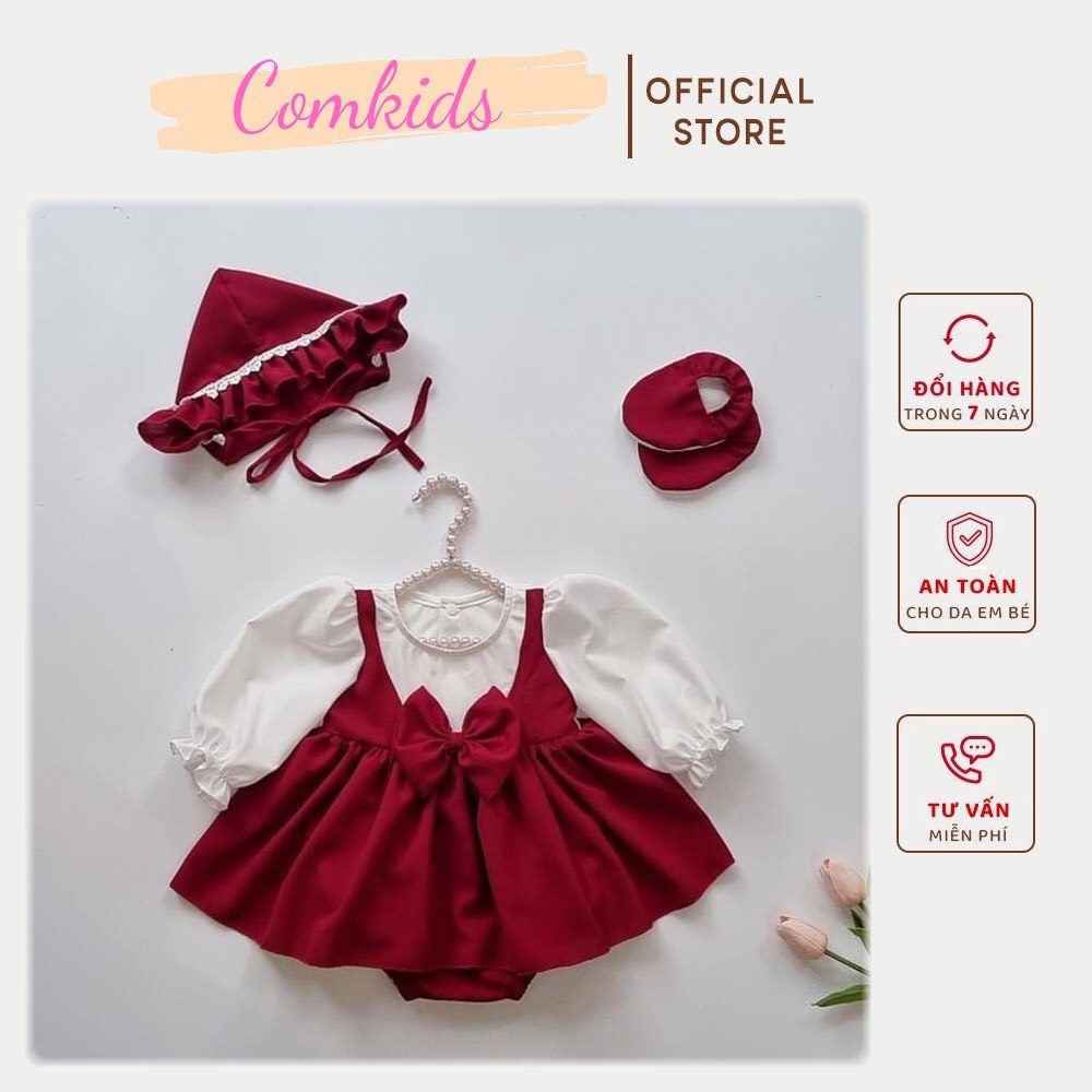 Body Váy Mận Chín Cho Bé Gái từ 3 Đến 13kg Tặng Kèm Mũ Và Giày Vải, Bodysuit dịp Đầy Tháng, Thôi Nôi