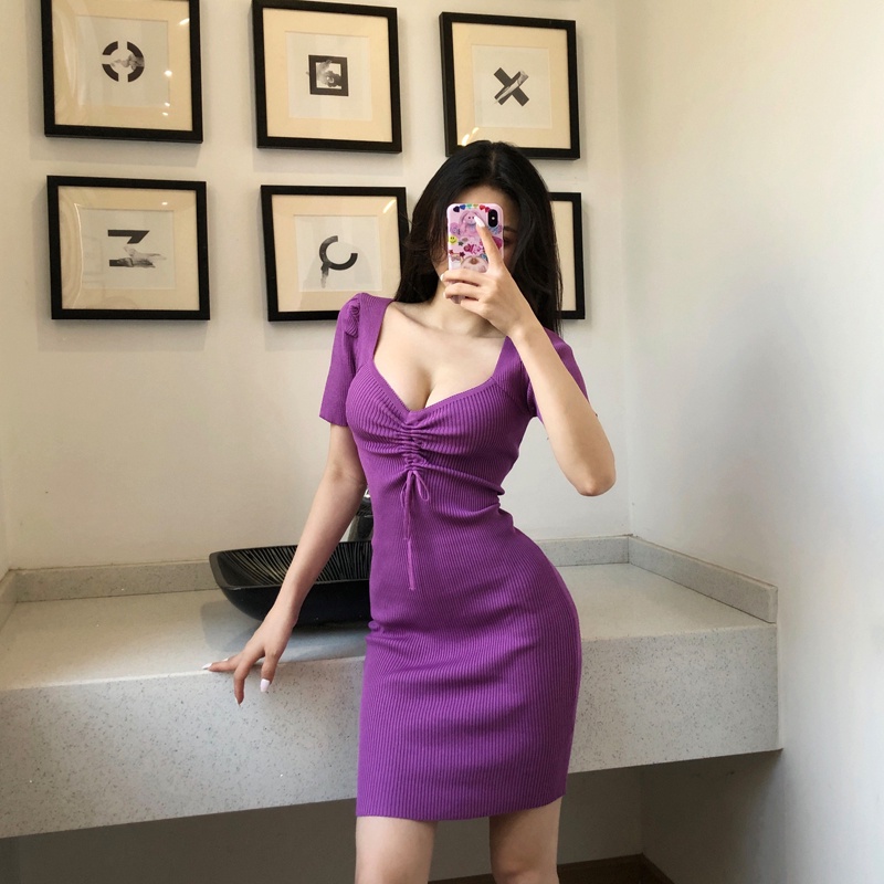 Váy body Tay Ngắn Cổ Chữ V Màu Sắc Đơn Giản Quyến Rũ Dành Cho Nữ