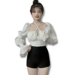 [MẪU MỚI] Aó Croptop trễ vai tay tay bồng dáng dài kiểu cổ vuông bo chun dây cột mặc được 2 kiểu SIÊU  XINH SL389