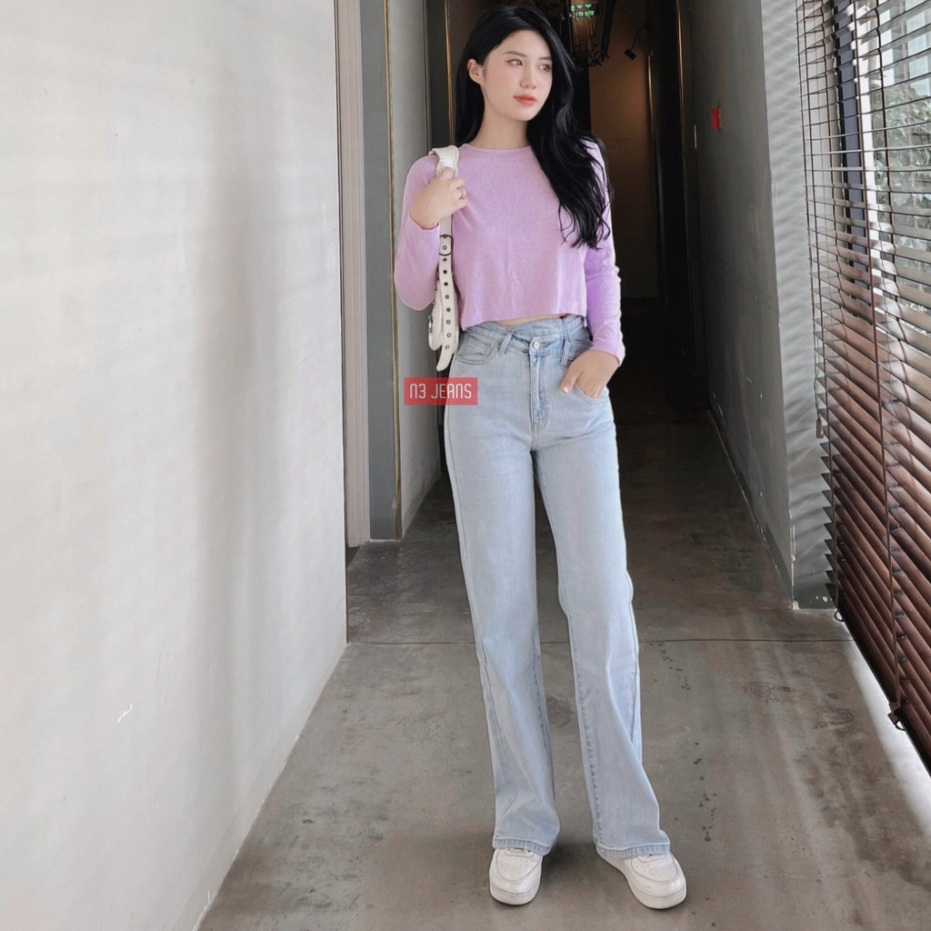 Quần jeans suông cạp cao khuy chéo dáng dài màu xanh Có co giãn
