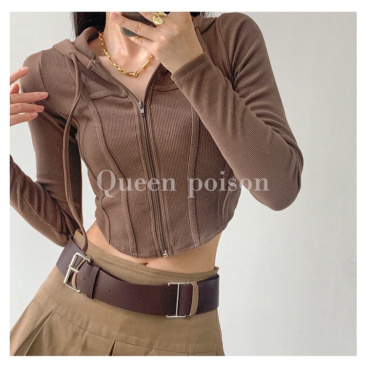Áo croptop tay dài áo croptop Áo Khoác Thể Thao Có Nón Phối Khóa Kéo Phong Cách Âu Mỹ Cho Nữ