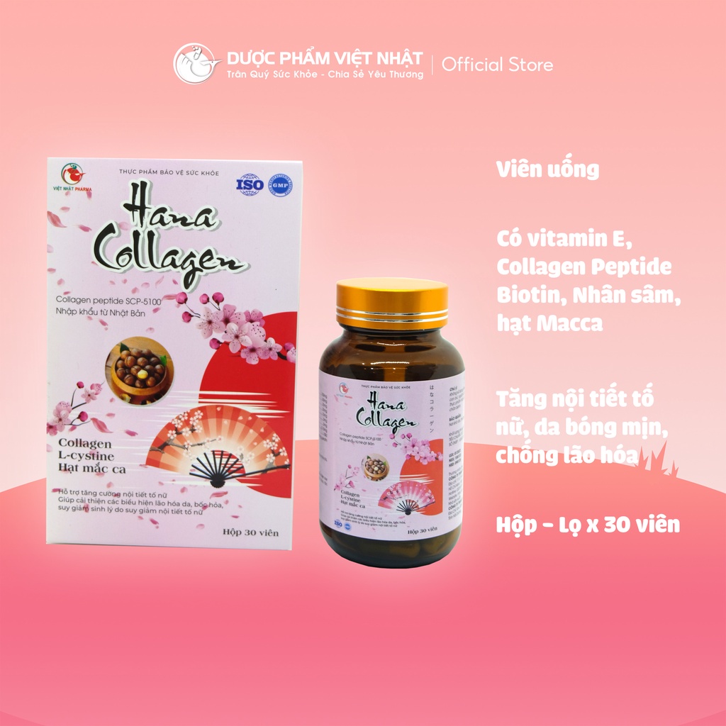 Hana Collagen (hộp hồng) cải thiện biểu hiện lão hóa da, bốc hỏa, suy giảm sinh lý do giảm nội tiết tố. Lọ x 30 viên