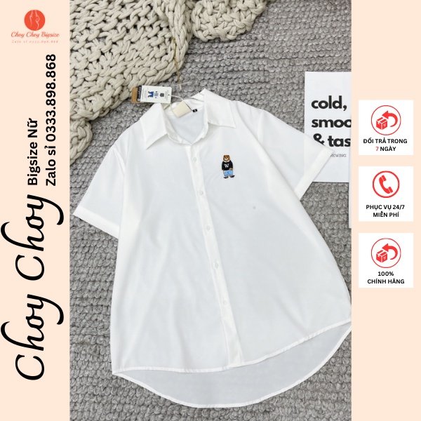 Áo sơ mi nữ bigsize form rộng thêu hình gấu, Áo sơ mi nữ kiểu tay lỡ vạt bầu freesize 50-90kg Choy Choy Bigsize