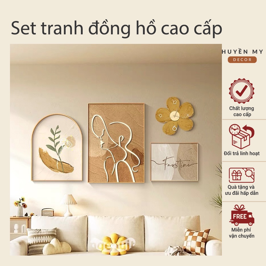 (25 mẫu) Set 4 tranh đồng hồ Decor cao cấp