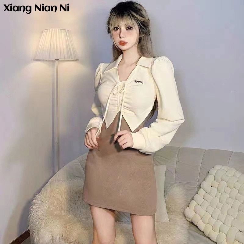 Đầm XIANG NIAN NI dài tay dáng ôm thiết kế giả hai lớp phong cách Pháp thanh lịch cho nữ