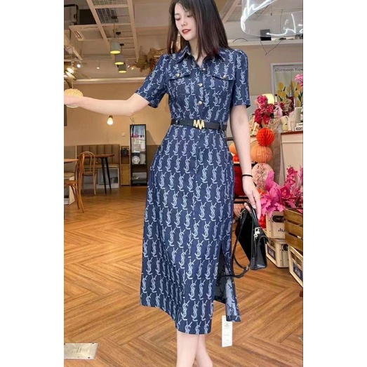 Hàng nhập - Đầm jean suông tay ngắn cổ sơ mi cài nút trước, váy bò hoa văn sang trọng