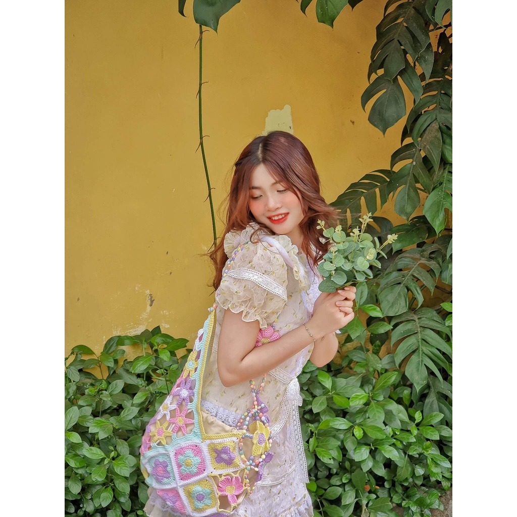 Túi Len Hoa Pastel Dây Cườm Handmade - Nhận mix theo yêu cầu/Đơn cần gấp