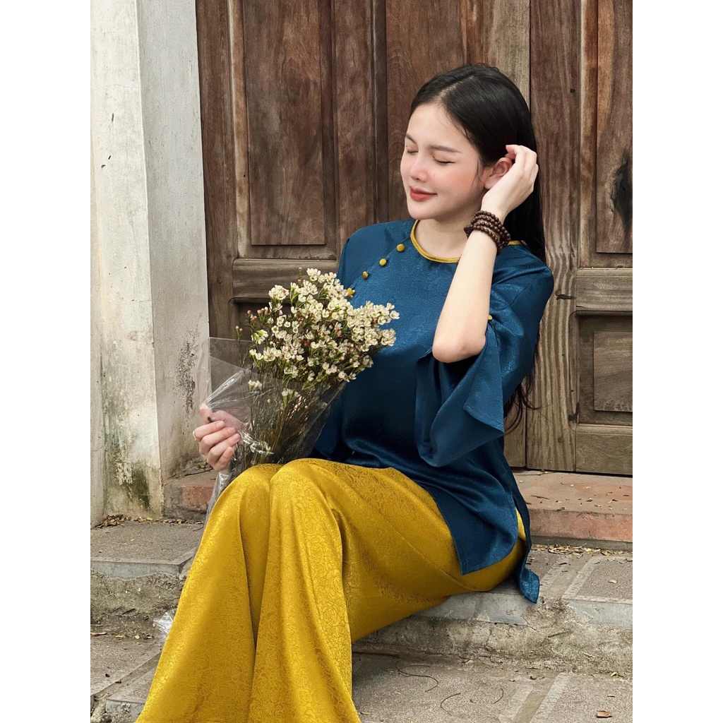 Bộ Đồ Lam Đi Chùa Cách Tân Cúc Bộc Xẻ Tay Tay Lỡ Chất Lụa Gấm Cao Cấp