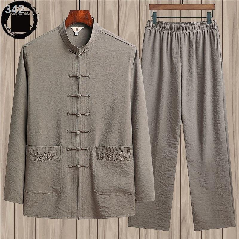 【HOT】﹉❒✣Bộ đồ Trung Quốc dài tay mùa hè dành cho người niên và cao tuổi, trang phục cha mẫu mỏng nam, Hán phong cách Quố
