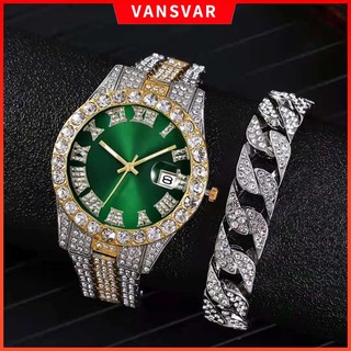Đồng hồ đeo tay dây thép không gỉ đính đá mặt số La Mã có lịch phong cách công sở dành cho nam