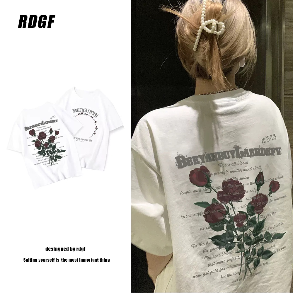 Áo thun RDGF cotton tay ngắn in họa tiết hoa hồng khô thời trang mùa hè dành cho nữ oversize