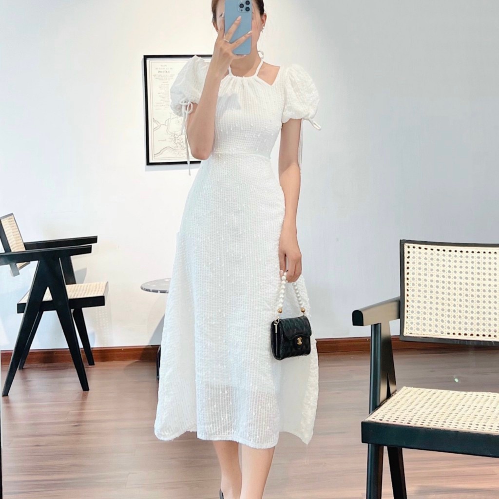 Đầm Dự Tiệc Thaingashop Đầm Cổ Yếm Tay Phồng Cột Nơ Form Dài REN D0553