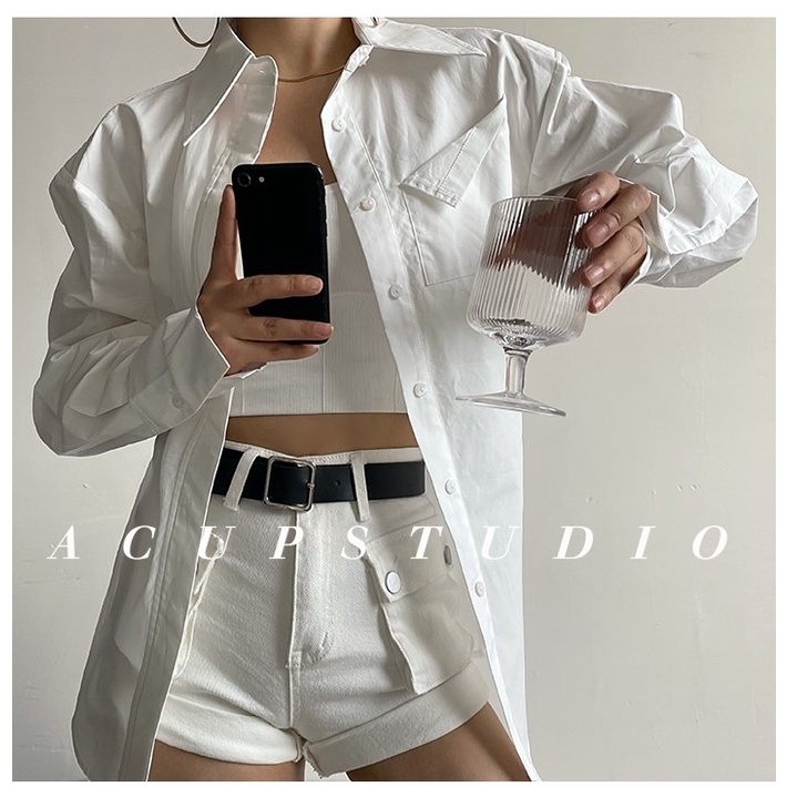 Hhjdxd Áo Sơ Mi Xẻ Tà Có Túi Nhấn Eo Hẹp Thời Trang Cho Nữ