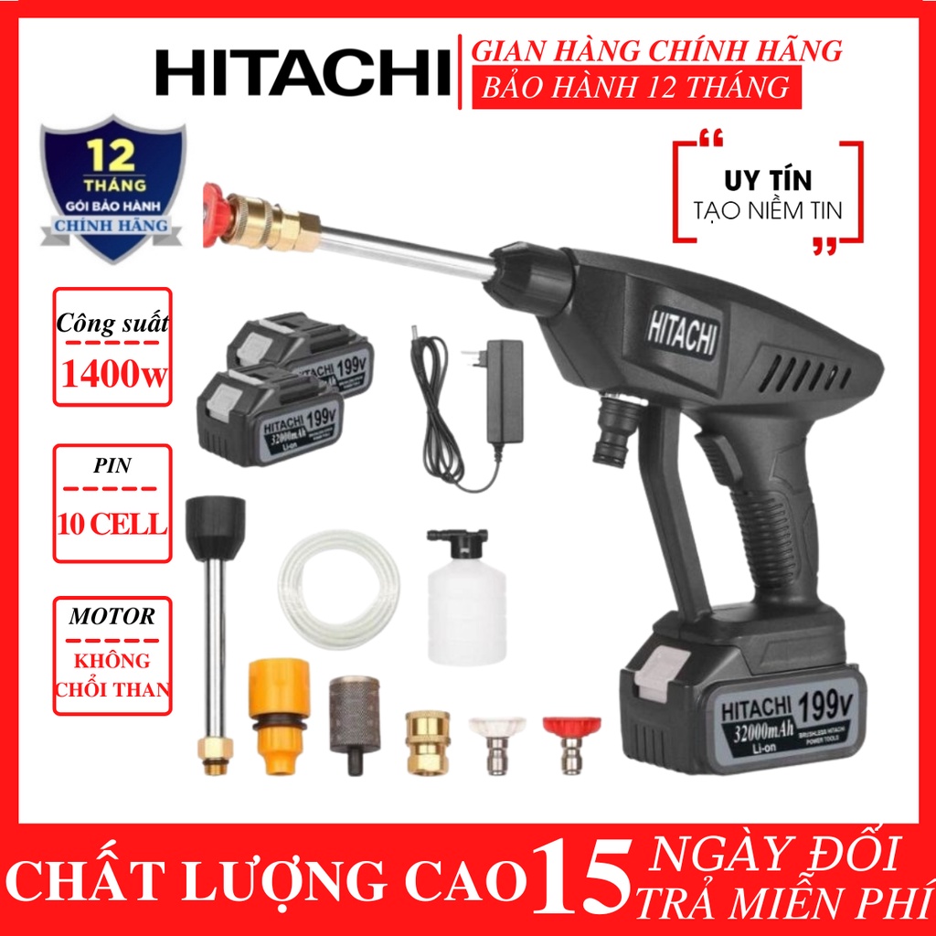 Máy rửa xe Hitachi 199V - Máy xịt rửa sân vườn, Máy xịt rửa cao áp có tạo bọt tuyết tặng kèm bình tạo bọt bảo hành 24TH